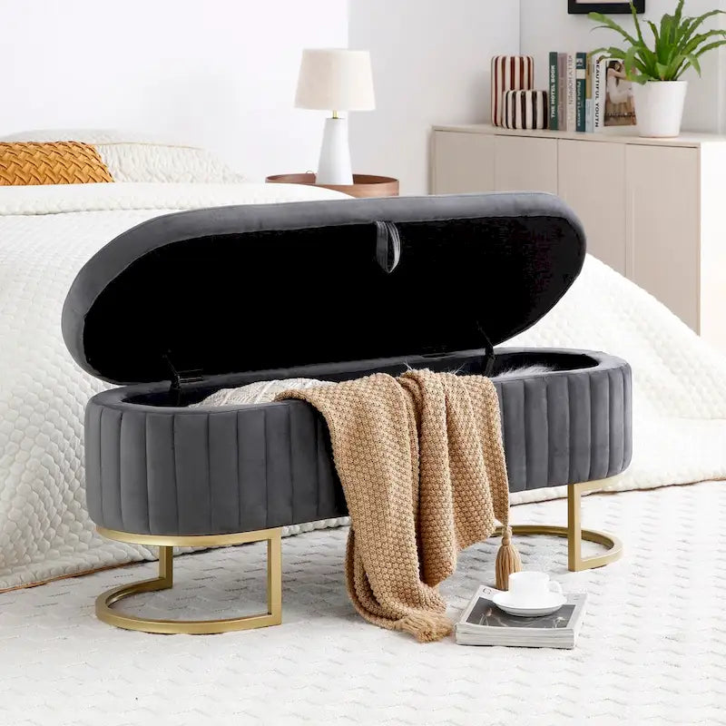 Banc de rangement pour chambre, banc de bout de lit ovale rembourré en velours avec pieds en métal doré, banc ottoman de rangement de 50