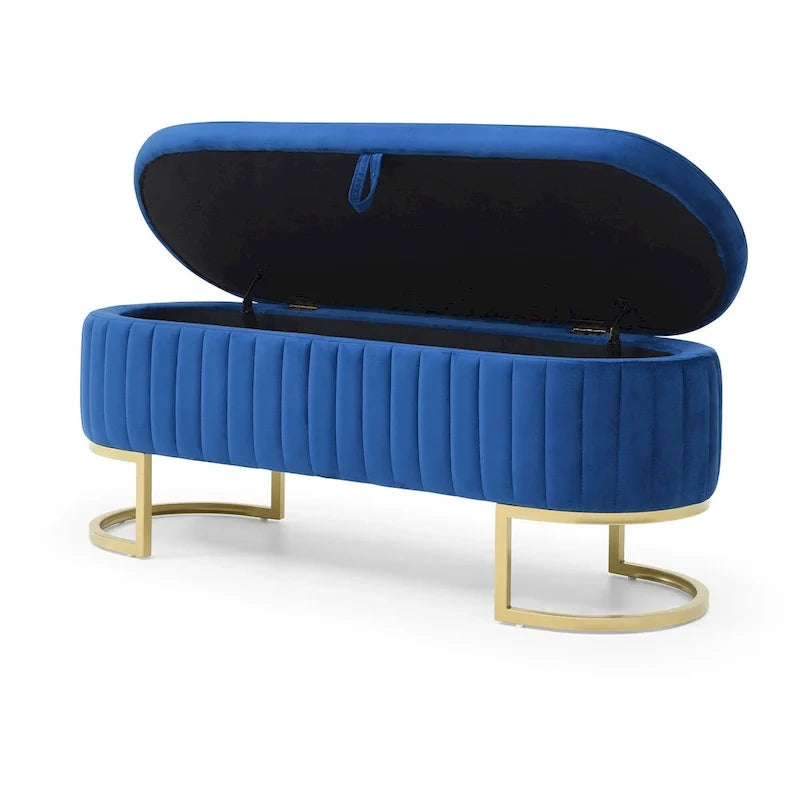 Storage Bench Bedroom Bench, Velvet Oval Upholstered End of Bed Bench with Golden Metal Legs, 50 Storage Ottoman Bench
