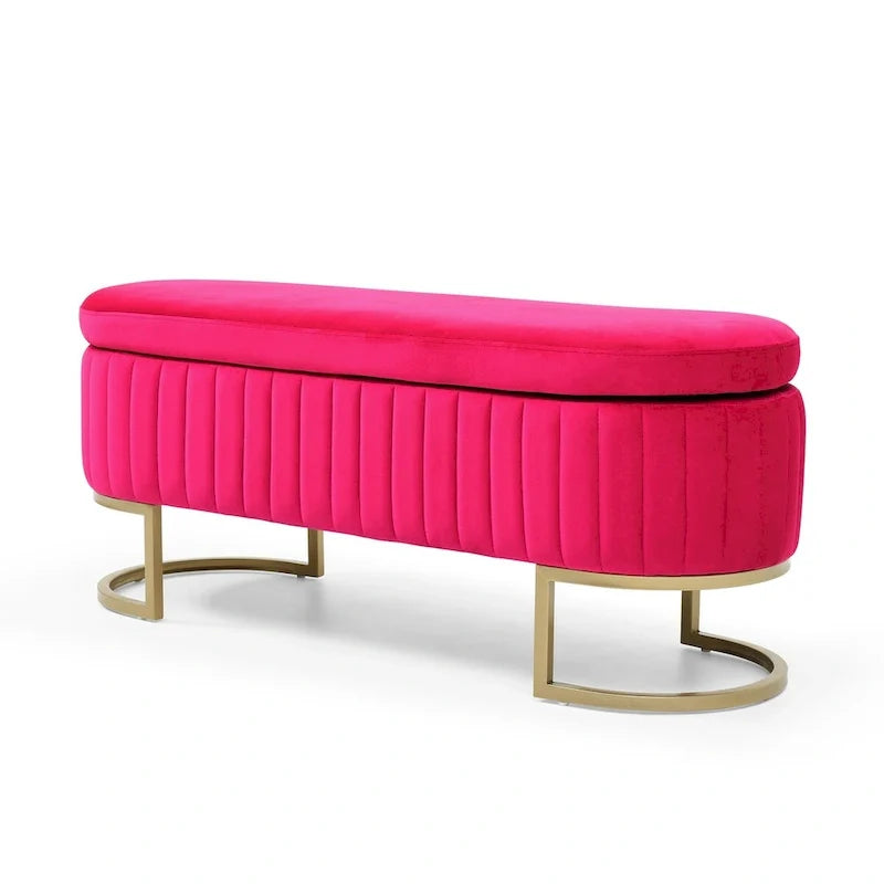 Storage Bench Bedroom Bench, Velvet Oval Upholstered End of Bed Bench with Golden Metal Legs, 50 Storage Ottoman Bench