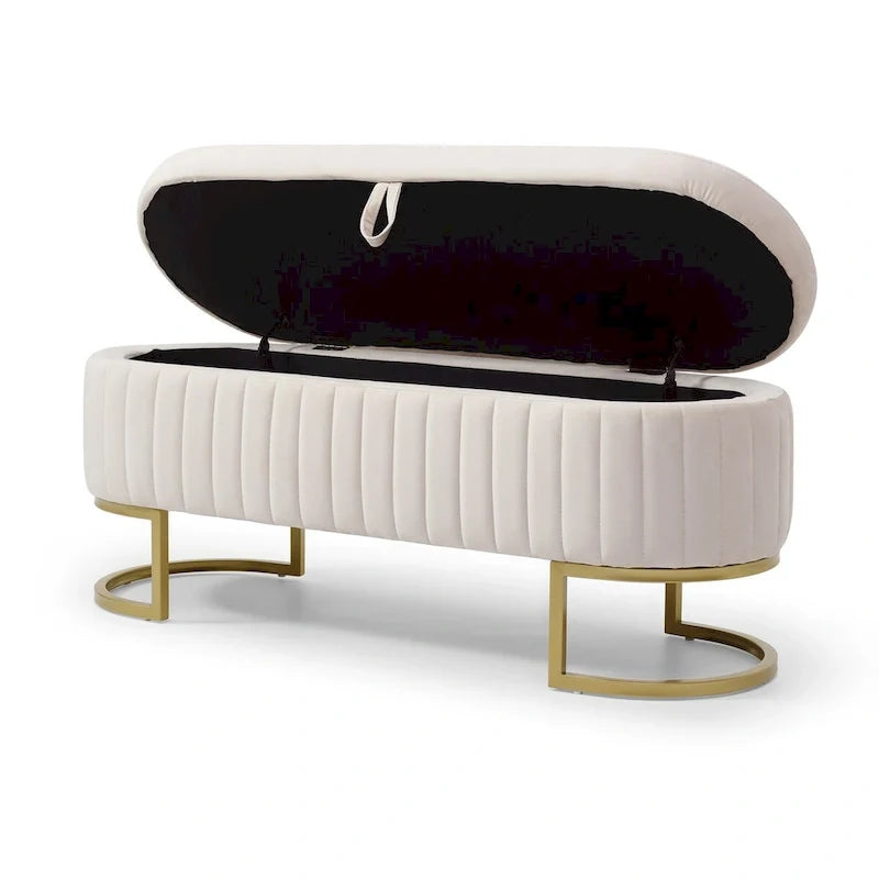 Storage Bench Bedroom Bench, Velvet Oval Upholstered End of Bed Bench with Golden Metal Legs, 50 Storage Ottoman Bench