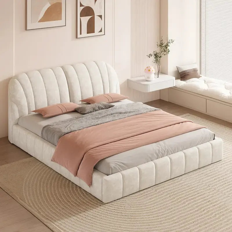 Lit plateforme rembourré grand format avec tête de lit en tissu épais